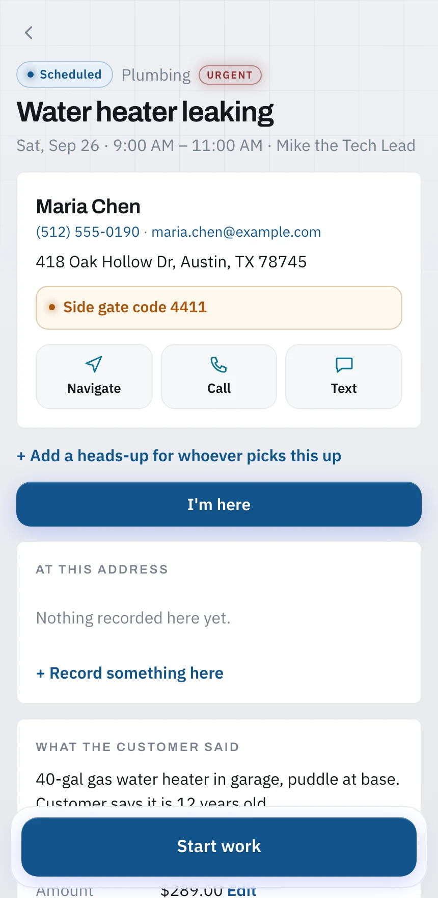 The job on a technician’s phone, with the history and the access notes